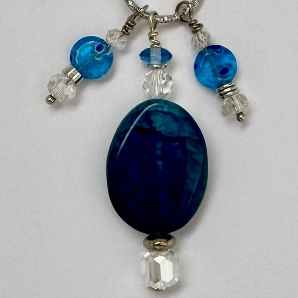 Necklace handmade 3 tier dangle silver turqoise clear crystal glass beads OOAK - Picture 1 of 5